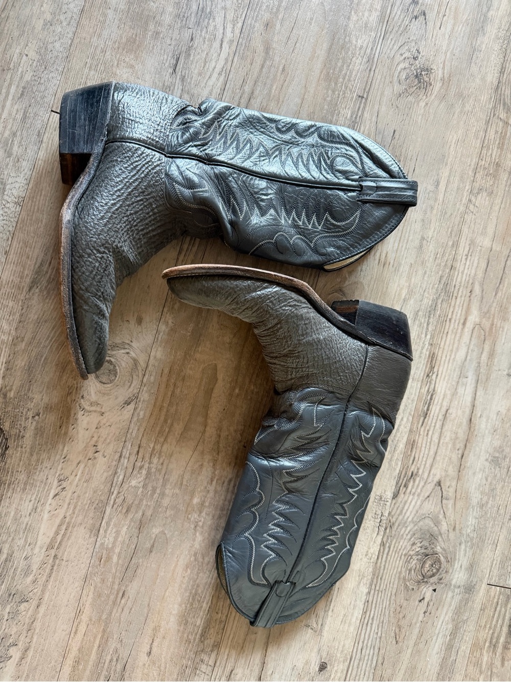 Gray Leather Western Ankle Boots